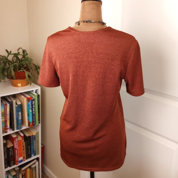 Preppy 90s Minimalist Brown Tee Rust Brown Metallic Shimmer Vintage Knit Tee - Picture 5 of 5